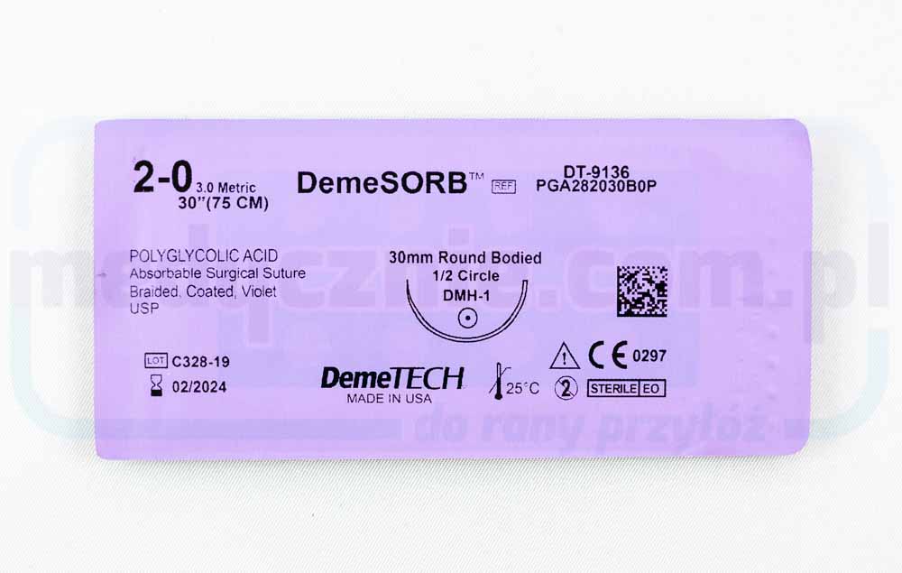 DEMECRYL Sutură chirurgicală (absorbabilă) 2/0 75cm violet cu ac rotunjit 1/2 30mm DEMETECH 1 buc